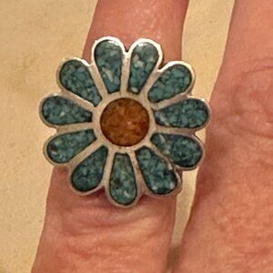Turquoise and Coral Sterling Silver Ring